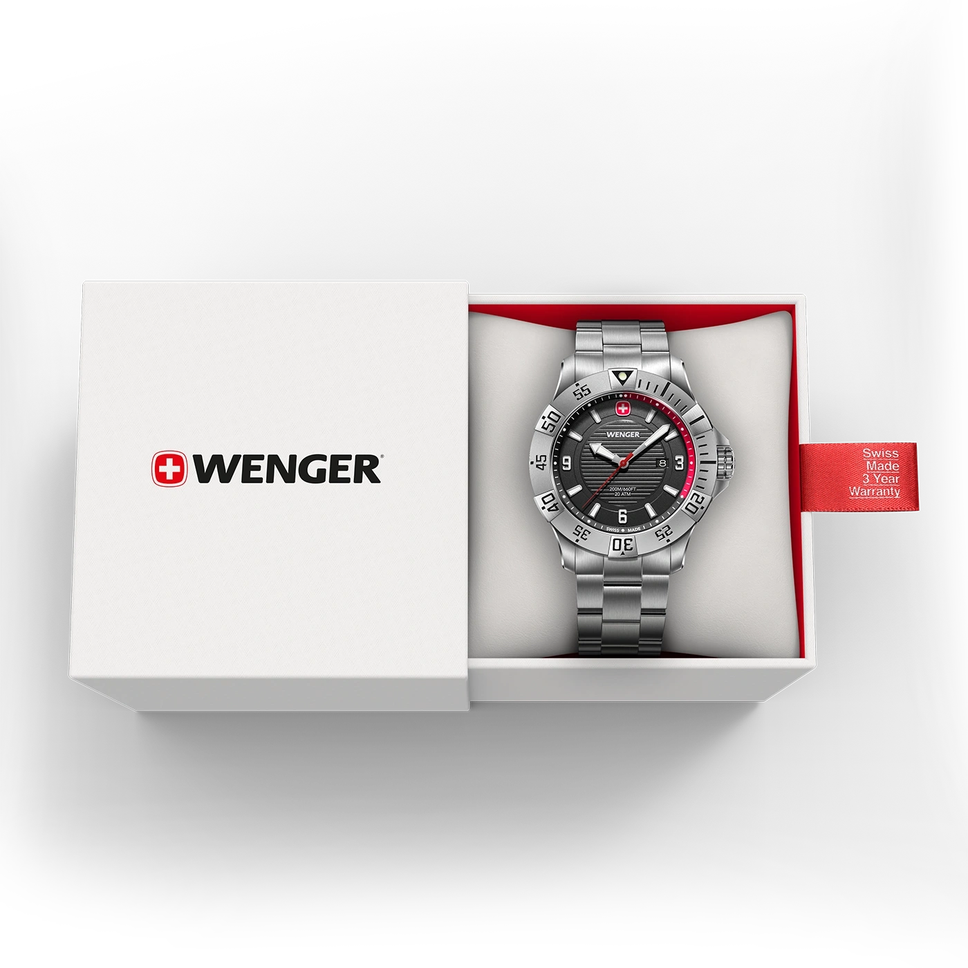 Wenger watch in box, Swiss made, 3 year warranty, stainless steel bracelet, black dial