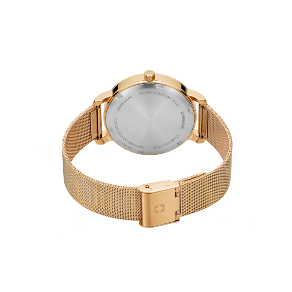 Gold watch with mesh strap, Swiss made, water resistant 100M