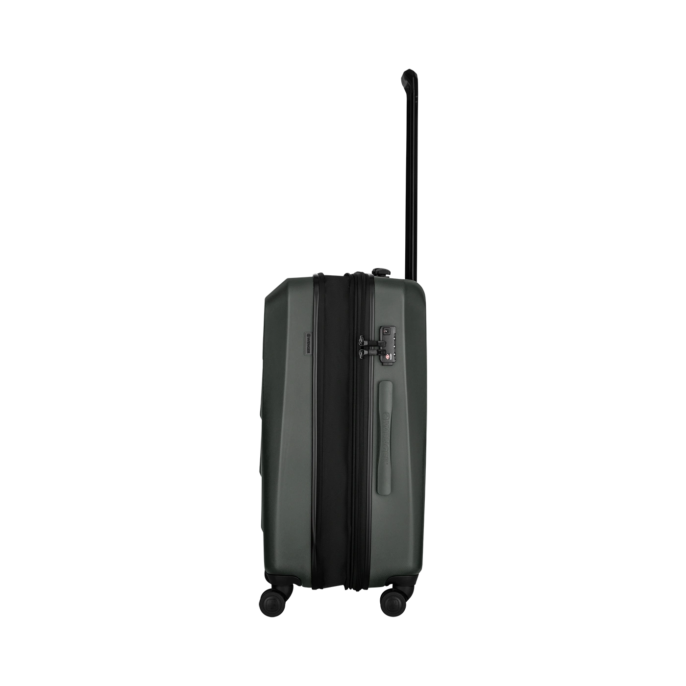 Dark green suitcase with retractable handle and wheels, travel luggage