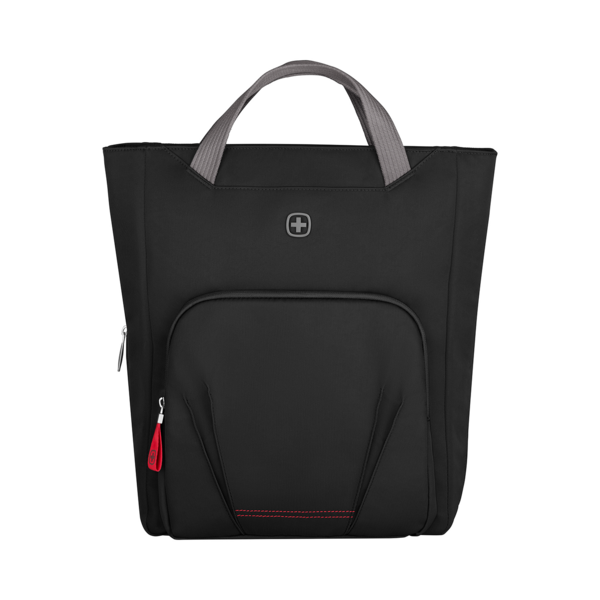 Black bag with red stitching and zipper, gray handle, and logo on a black background.
