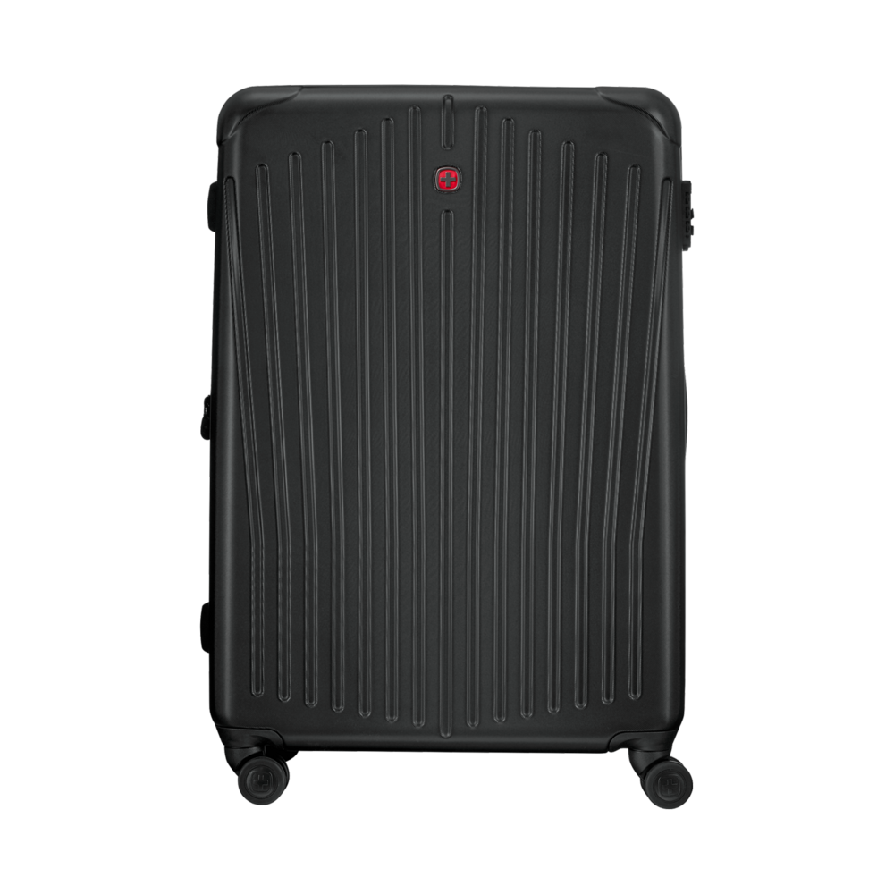 Black suitcase with vertical lines and red logo, travel luggage, hard case