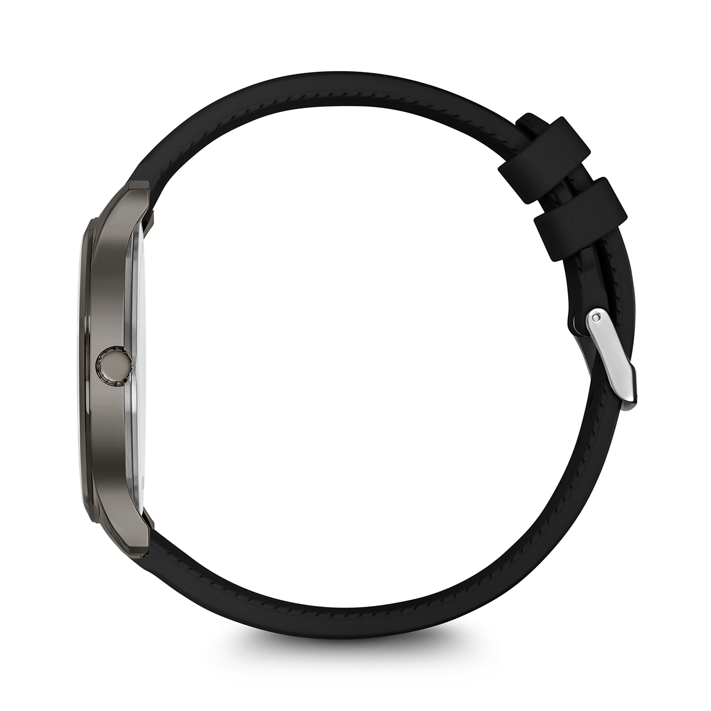 Side view of a watch with a black strap isolated on a black background