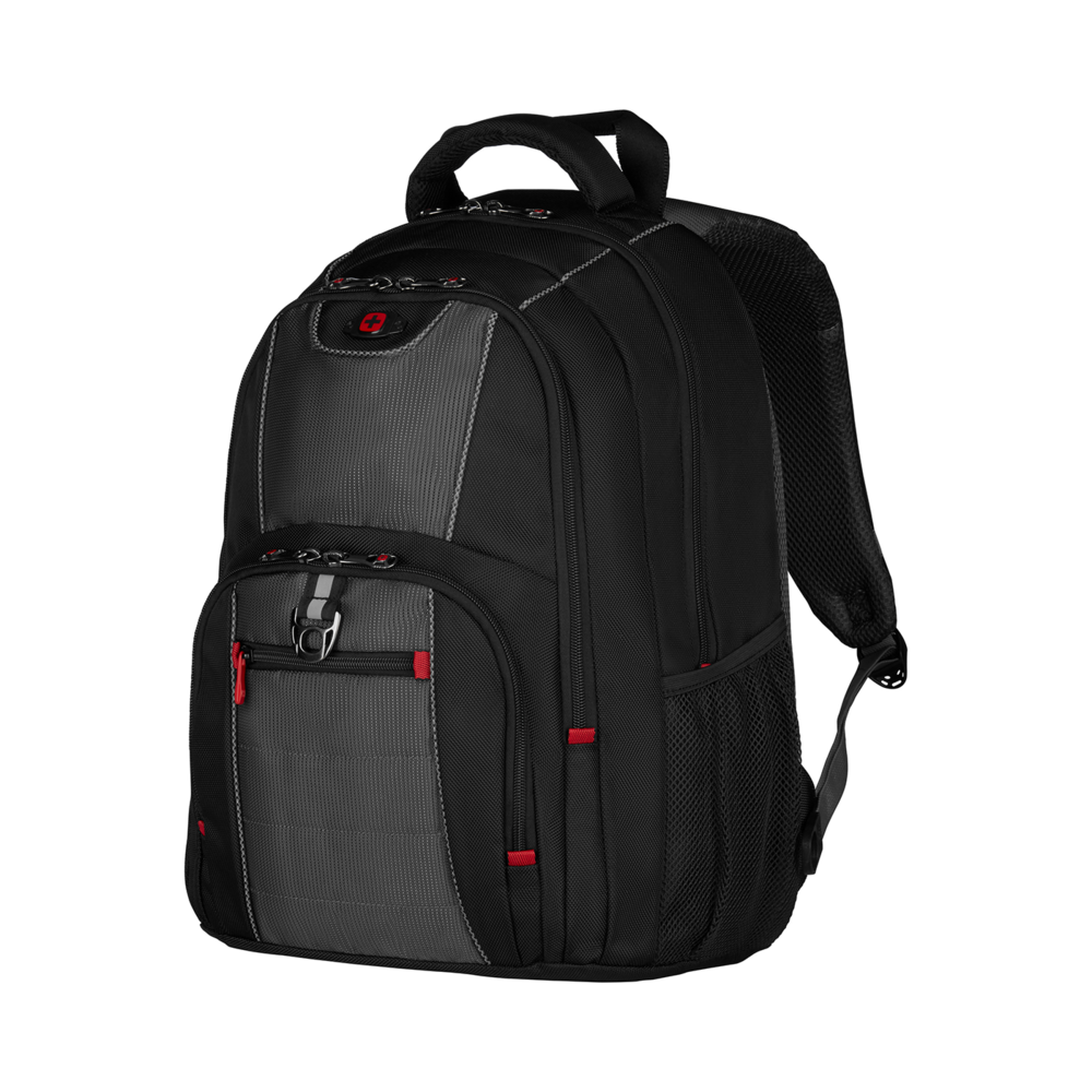 Black backpack with red accents and Swiss cross logo on a black background