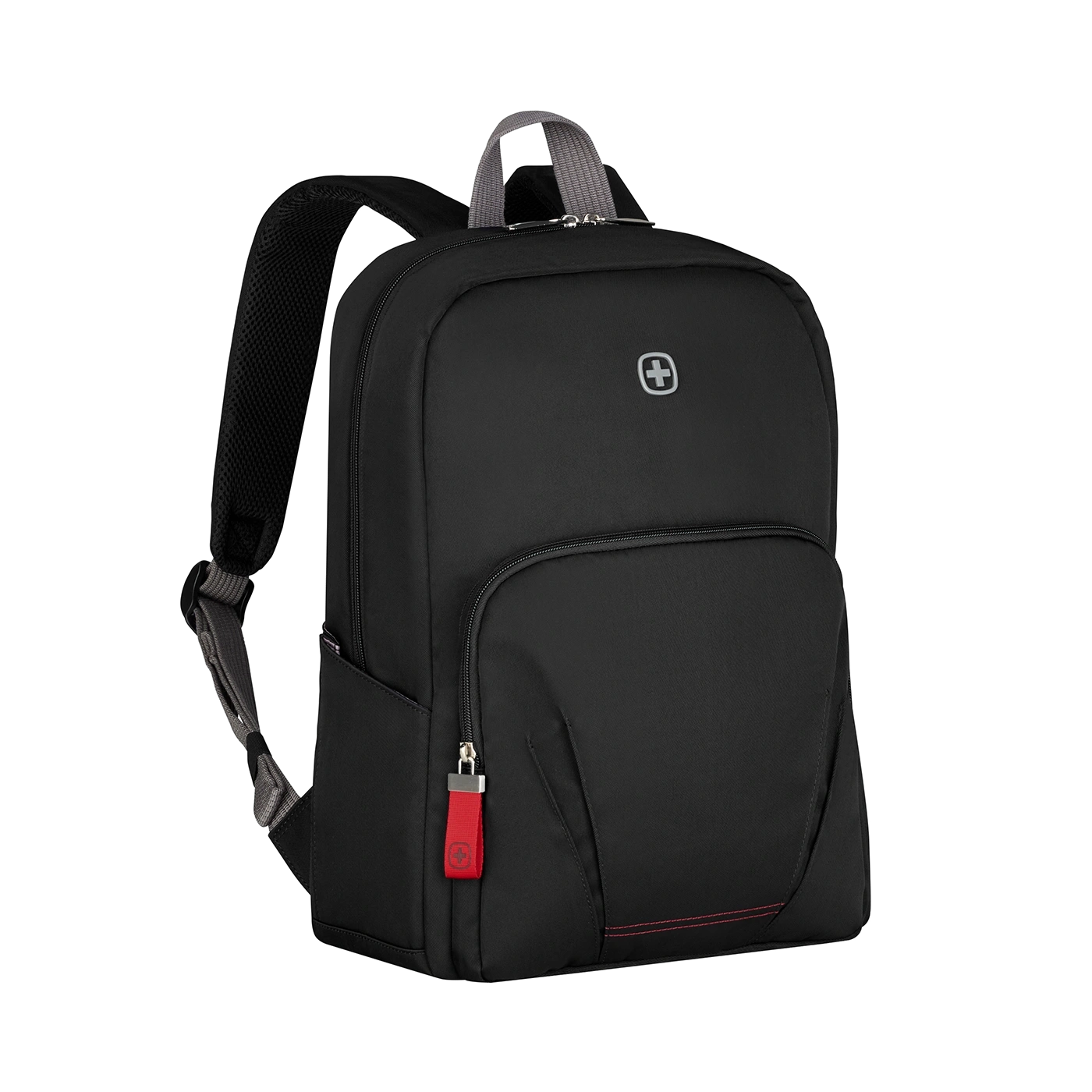Black backpack with red zipper and logo on a black background.