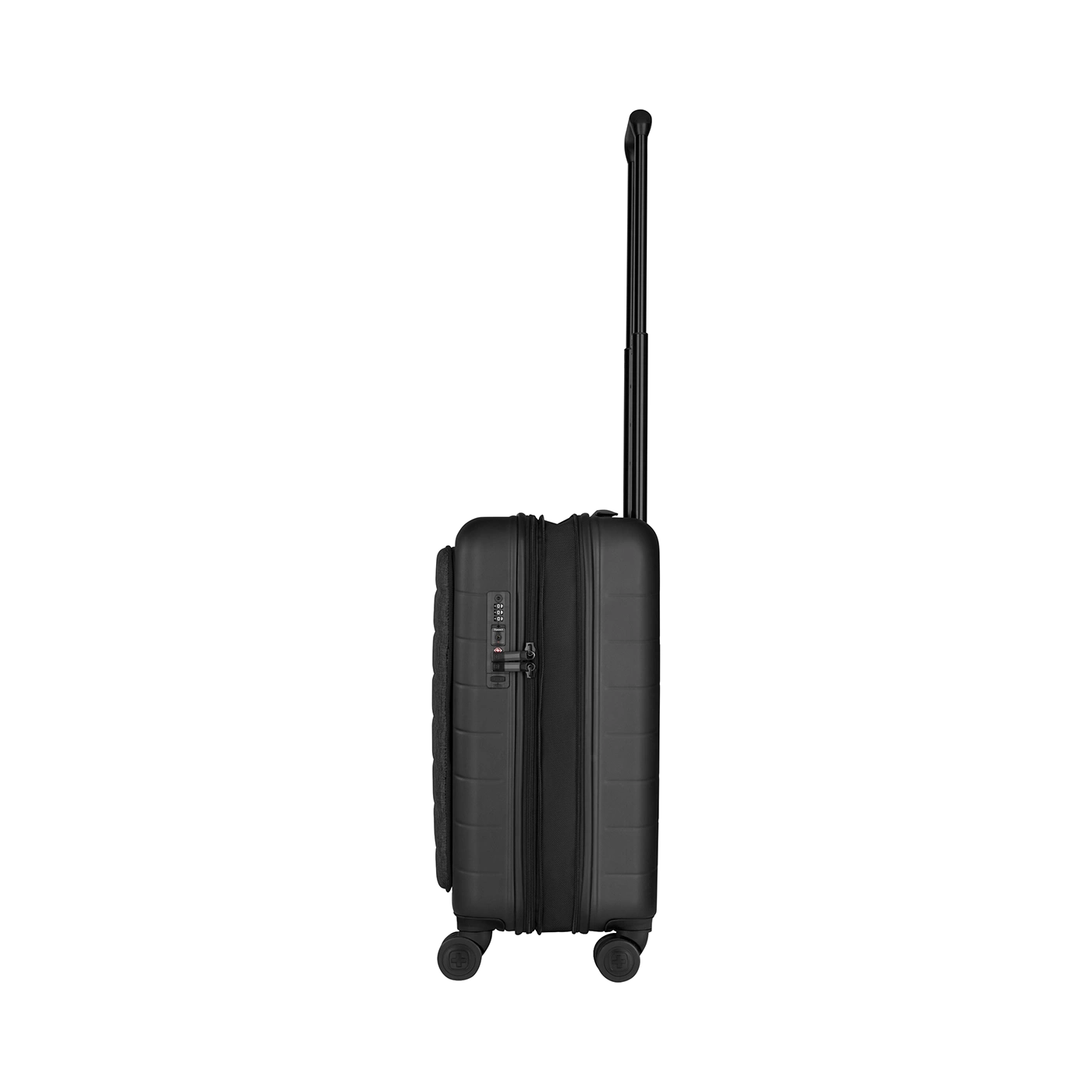 Black suitcase with retractable handle and wheels, side view, isolated on black