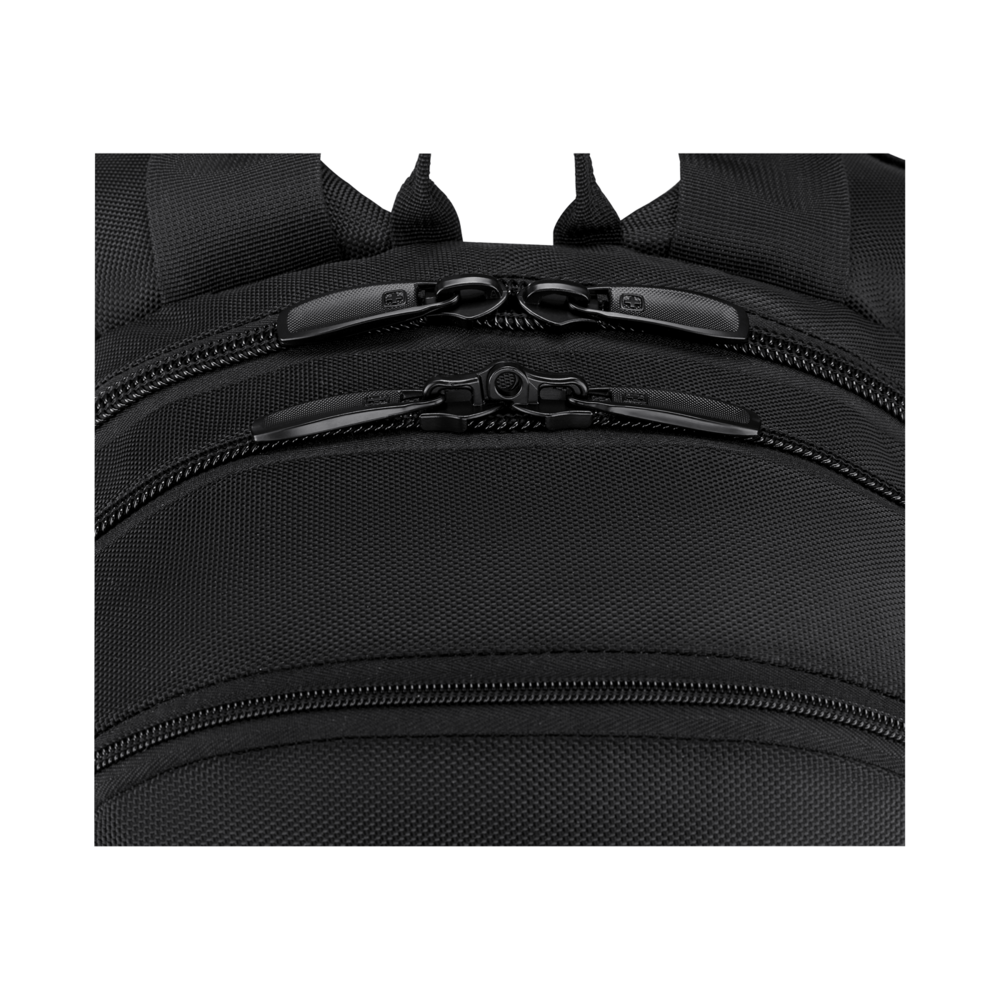 Close-up of a black backpack with two zippers and Wenger logo.