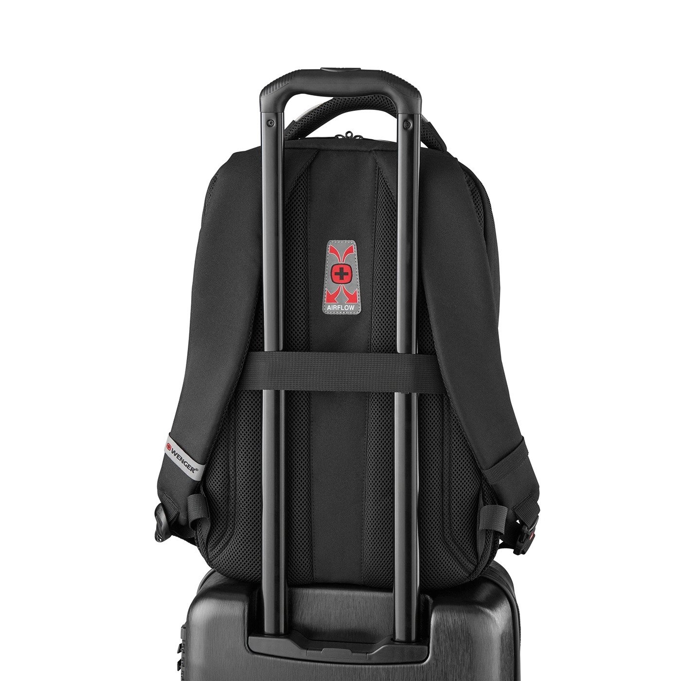 Black backpack with wheels and handle, Airflow system, Wenger brand, on black background.