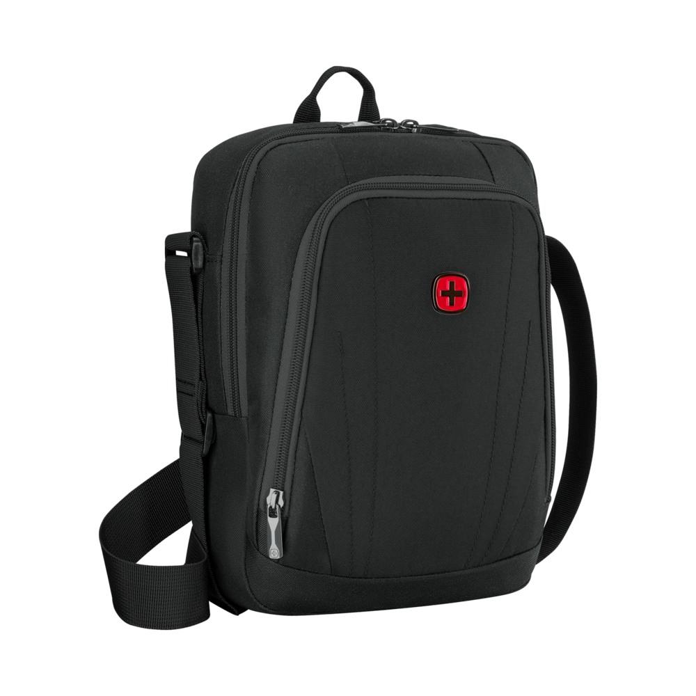 Black messenger bag with red cross logo and zipper closure