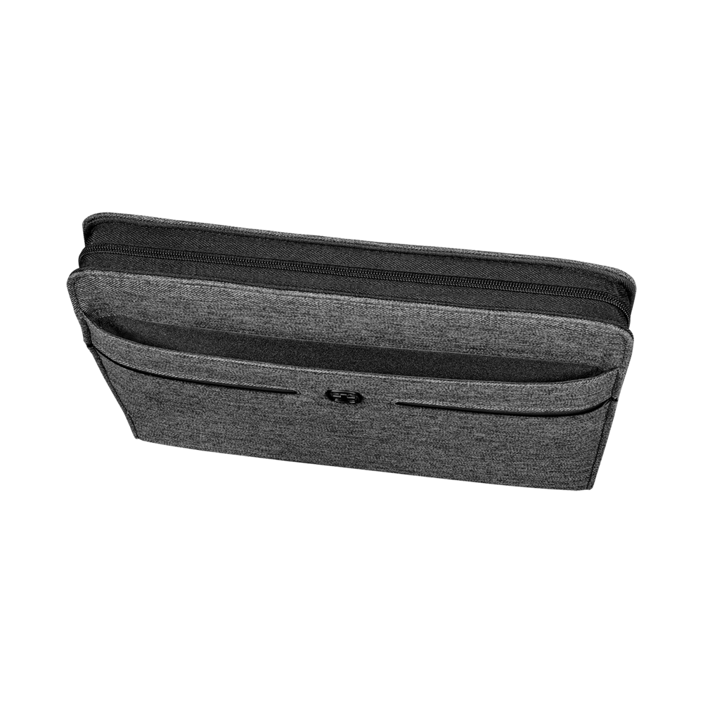 Gray bag with zipper and front pockets, isolated on white background