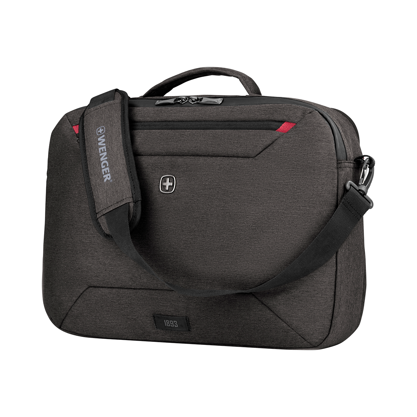 Dark gray Wenger bag with shoulder strap and logo on a black background.
