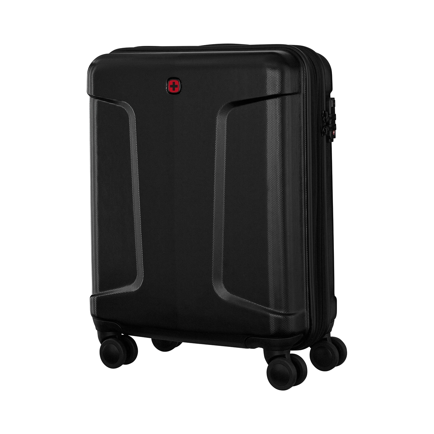 Black suitcase with wheels, red logo, hard shell, luggage, isolated