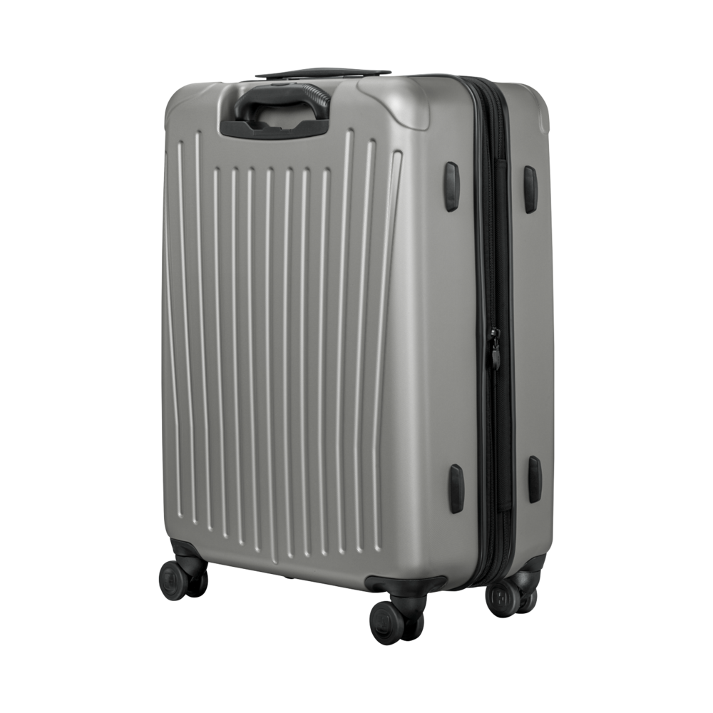 Gray suitcase with wheels and handle isolated on white background