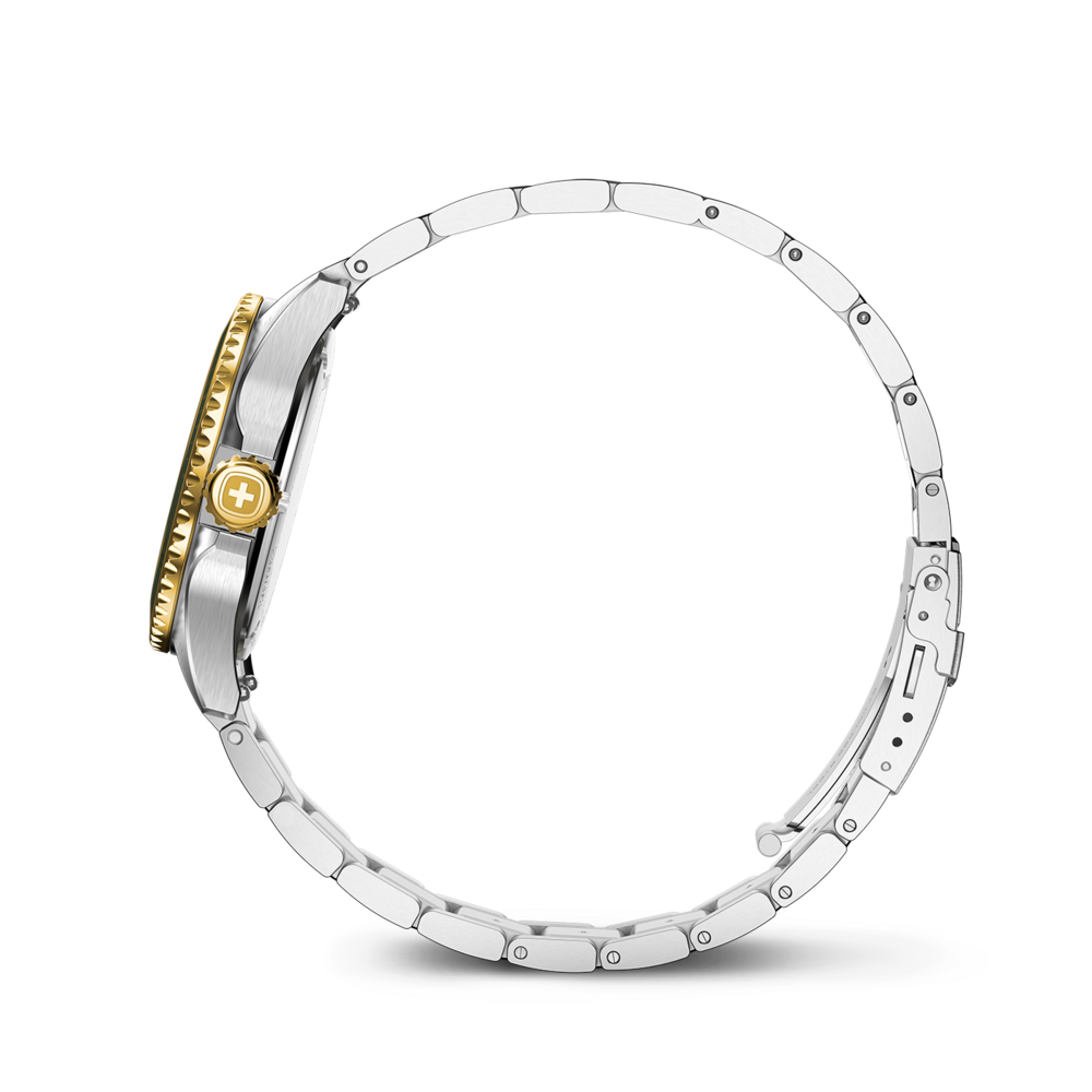 A silver watch band with a gold bezel and a cross emblem.
