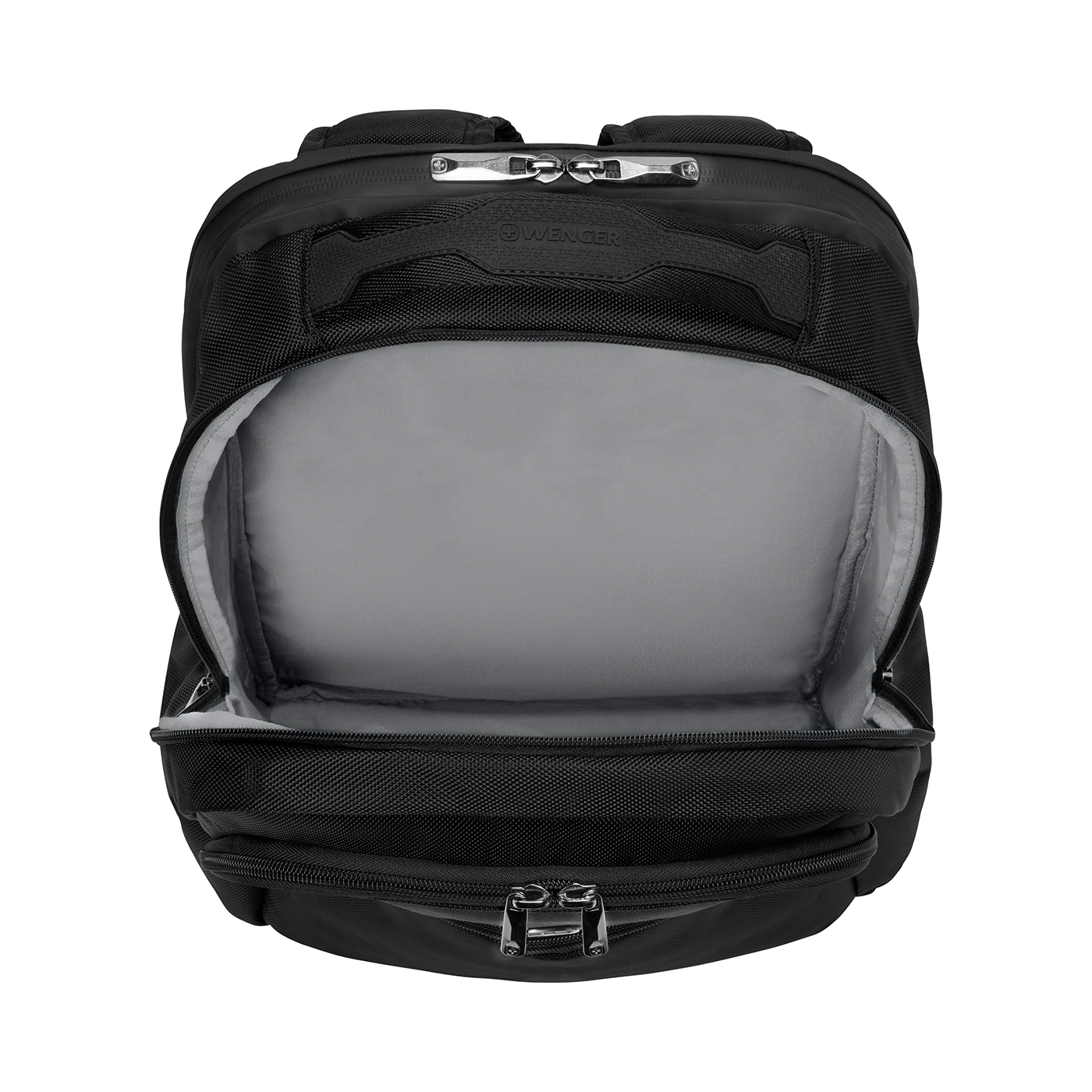Black backpack with open zipper, interior visible, brand Wenger, isolated on black background.