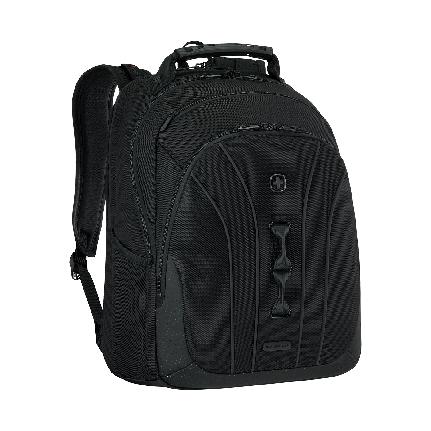 Schwarzer Rucksack mit Reißverschlüssen und Logo, ideal für Reisen und Alltag.