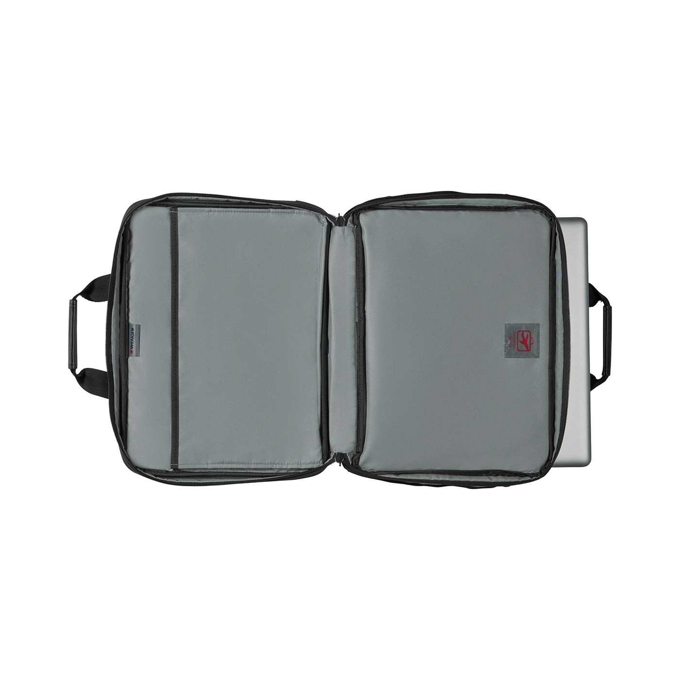 Open laptop bag with gray interior and laptop, seen from above.