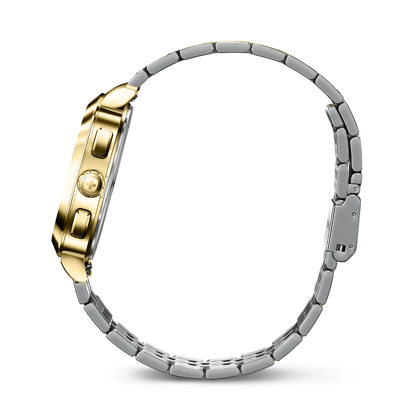 Gold watch with silver strap, side view, close-up, elegant, luxury, accessory