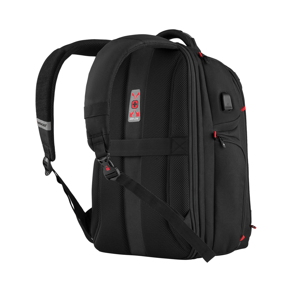 Black backpack with red zipper and USB port, Airflow system, Wenger brand, side view