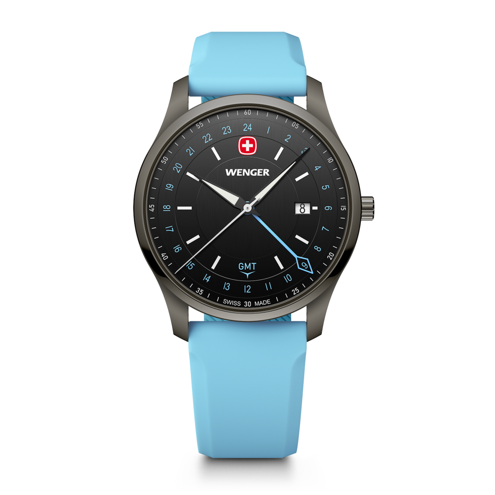 A light blue Wenger watch with a black dial and GMT function.