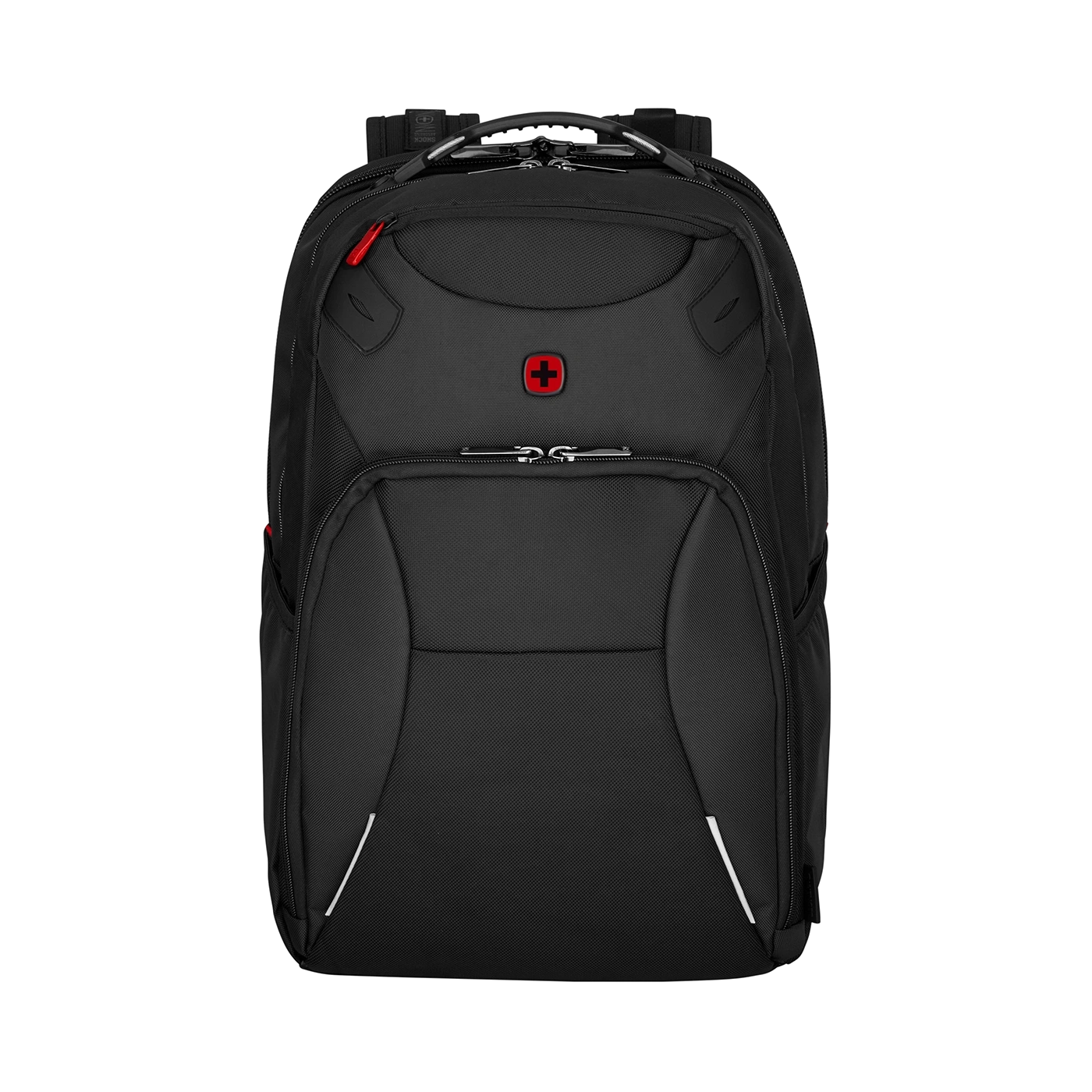 Black backpack with red cross and zippers, perfect for travel and carrying essentials.