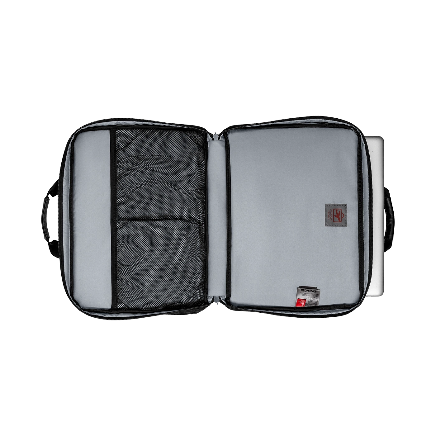 Open laptop bag with gray interior and black mesh pocket