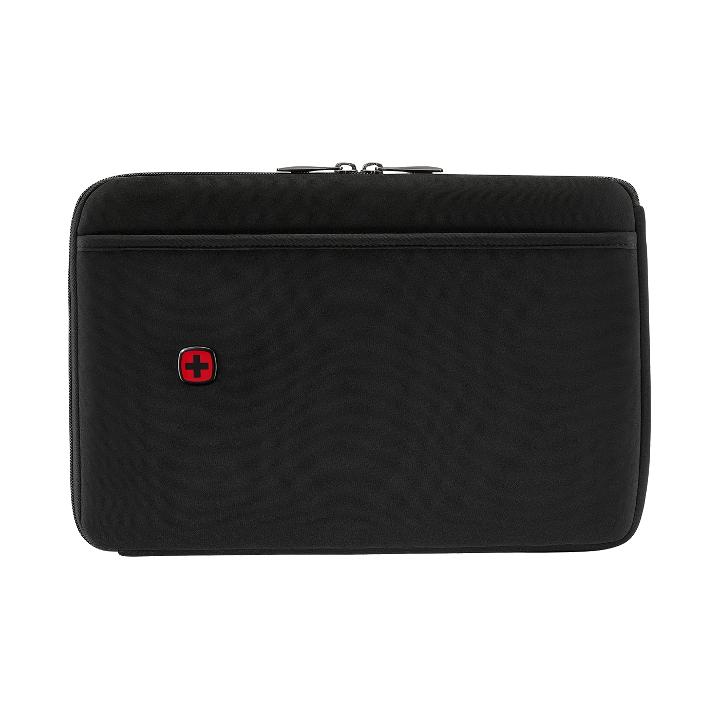 Black laptop sleeve with red cross logo and zipper, simple design, plain surface.
