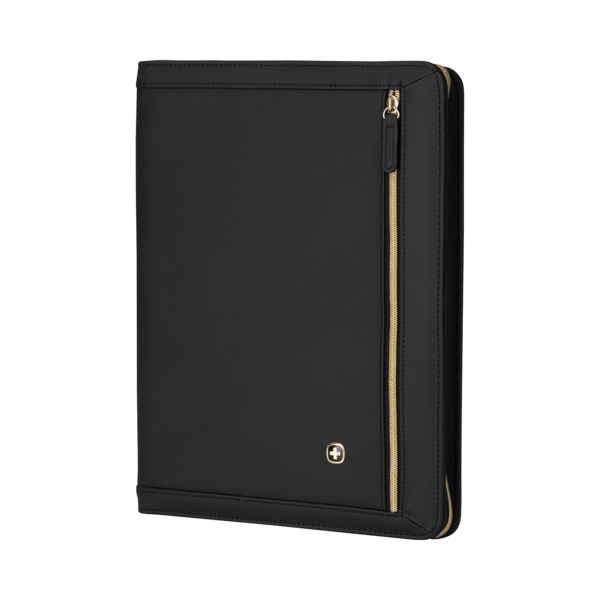 Black zippered portfolio with gold accents and Swiss cross logo, elegant design