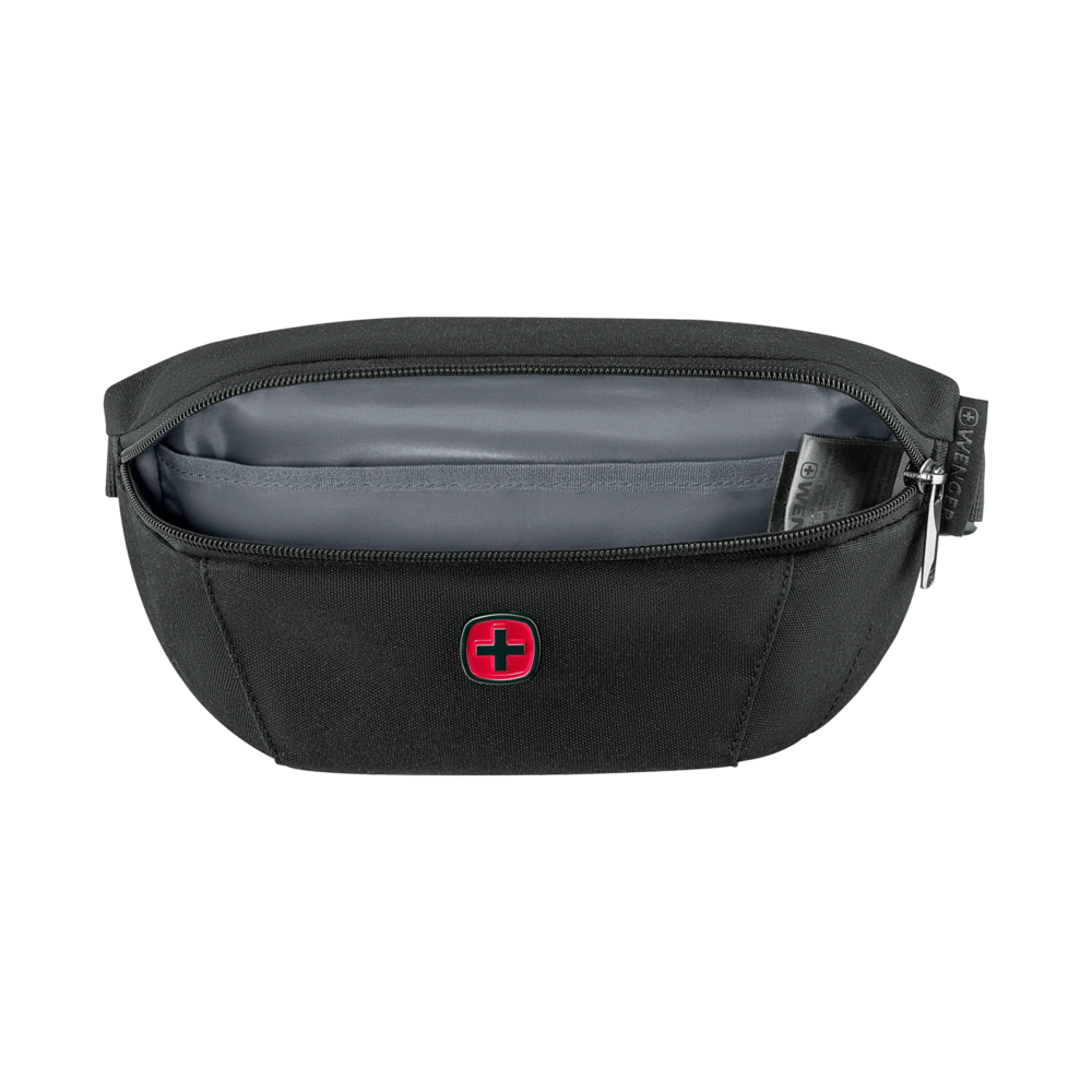 Black fanny pack with red cross logo and zipper, open to show inside