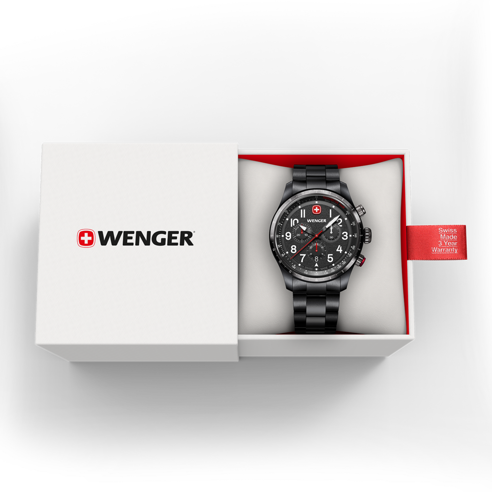 Wenger watch in box, Swiss Made, 3 year warranty, black watch and band.