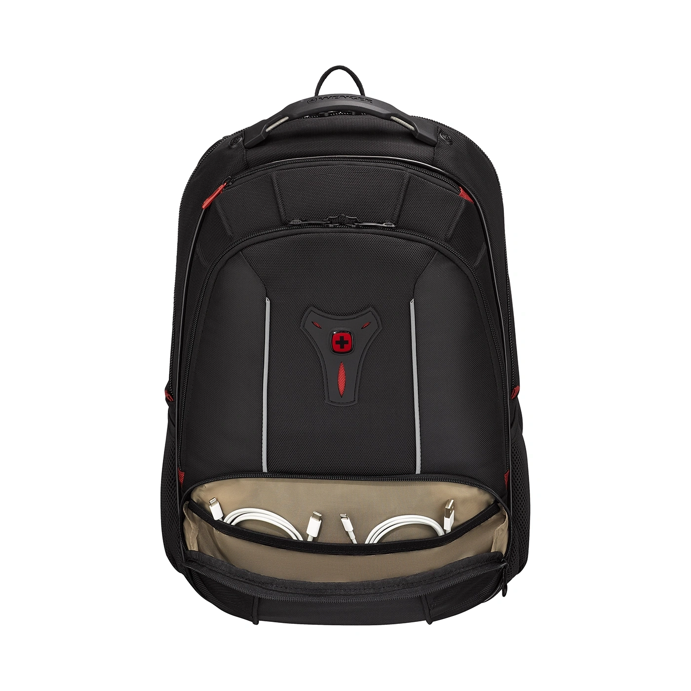 Black backpack with red accents and white cable in the pocket, open view.