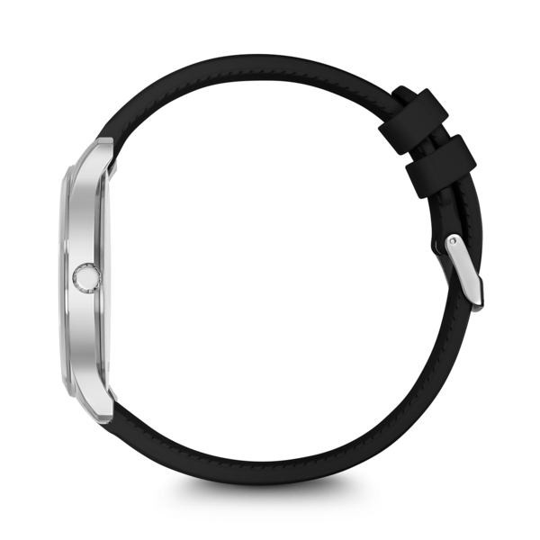 Watch with black strap, side view, silver case, black background, elegant design