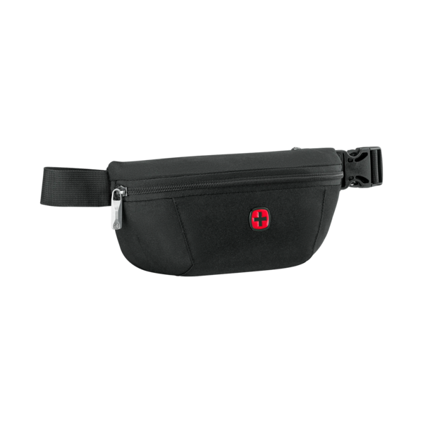 Black fanny pack with red cross, zipper, and belt, Swiss brand