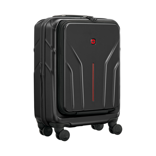 Black suitcase with red accent and logo, isolated on white background.