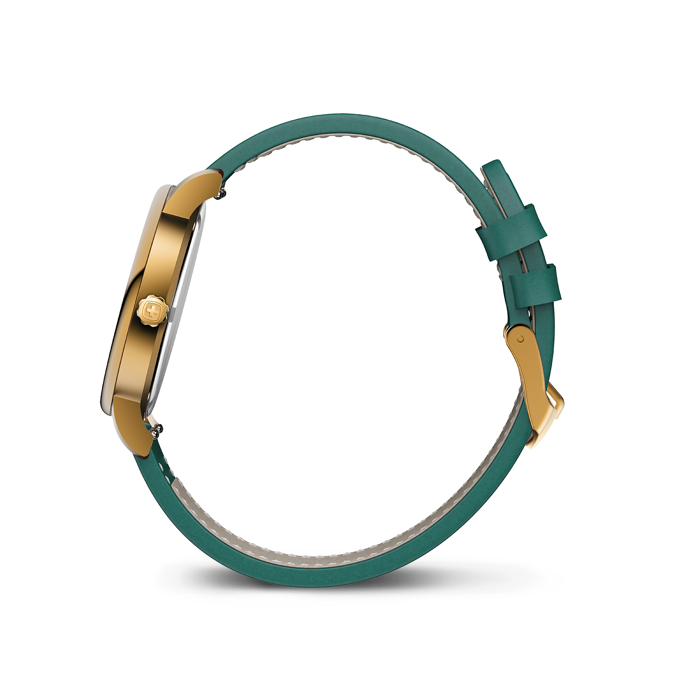 A gold watch with a green leather strap.