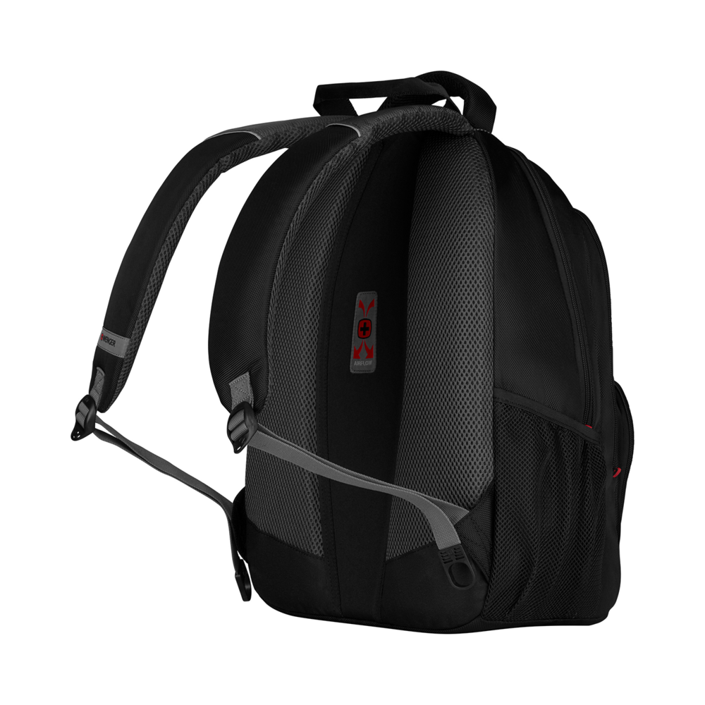 Black backpack with airflow system, shoulder straps, and Wenger logo, isolated on a black background.