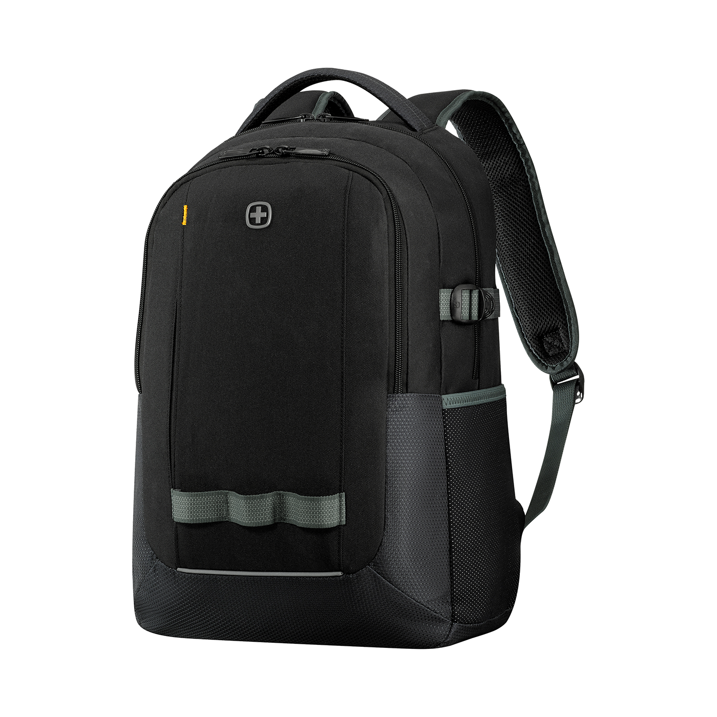 Black backpack with gray detail and logo on a black background