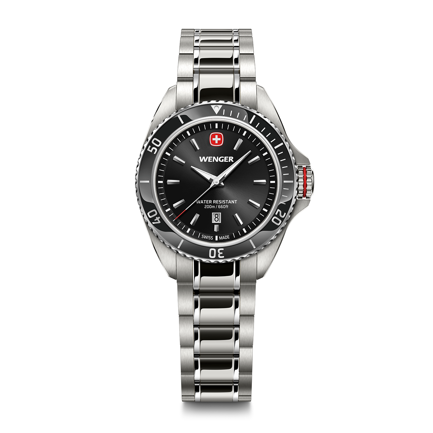 Wenger watch with black dial and date display on a silver bracelet.