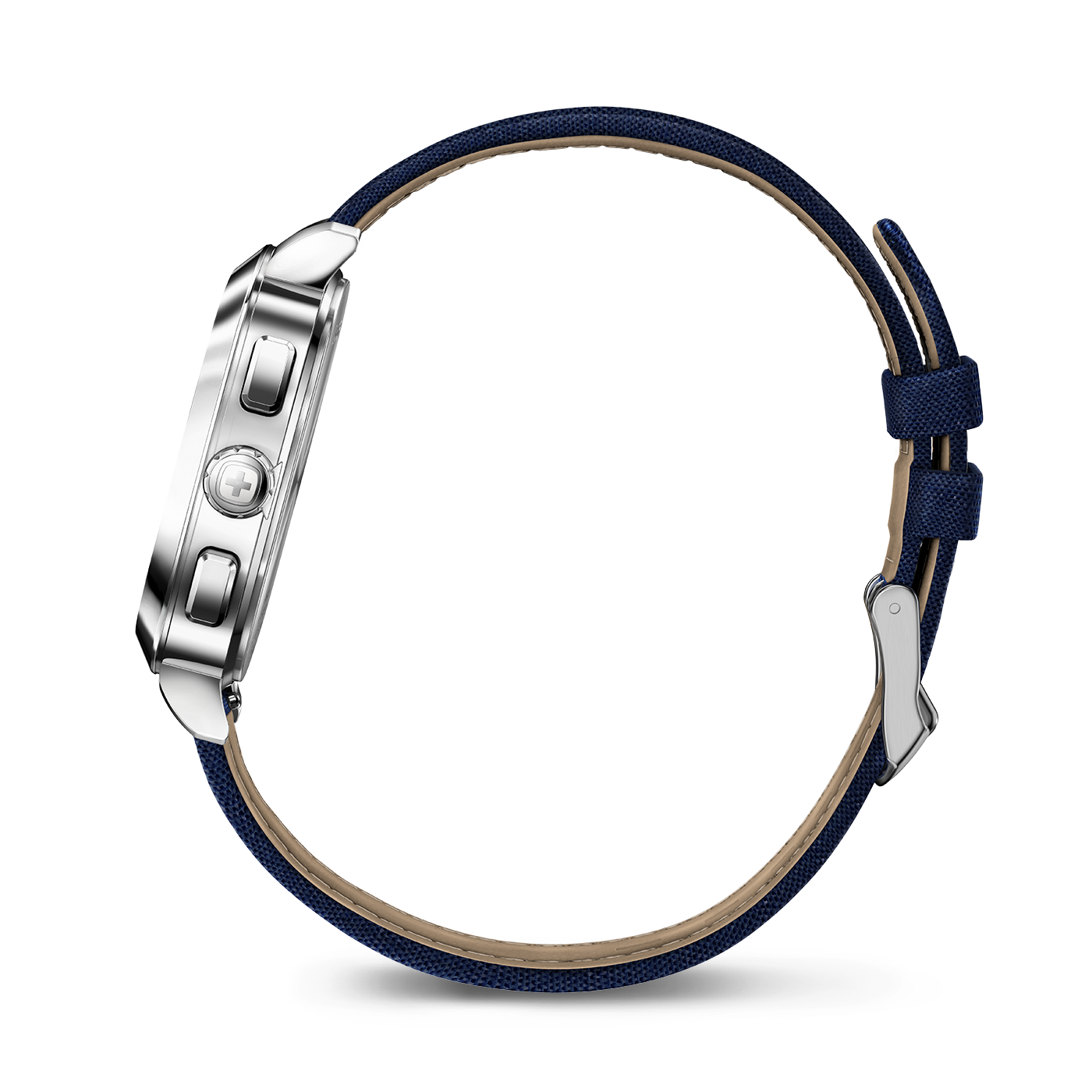 Side view of a watch with a blue fabric strap and silver case