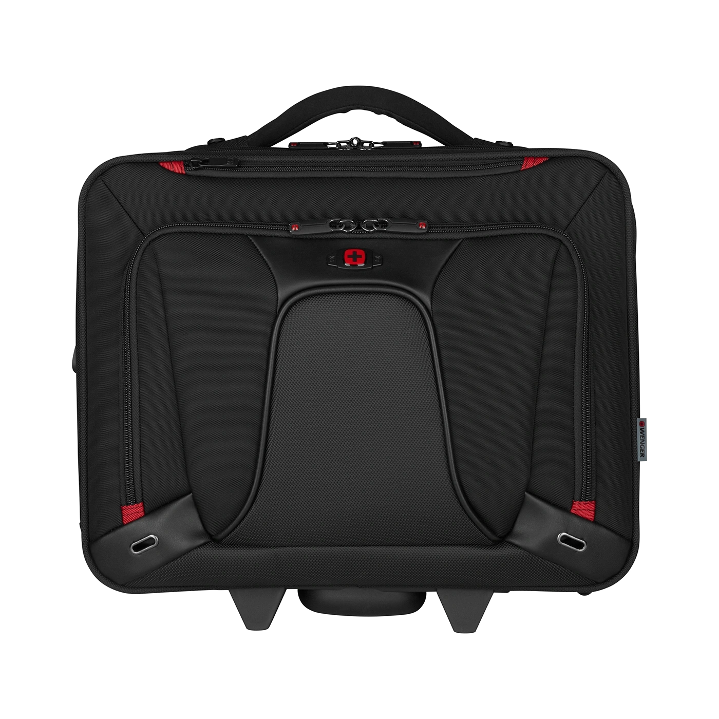 Black suitcase with red accents and wheels, seen from above, isolated.