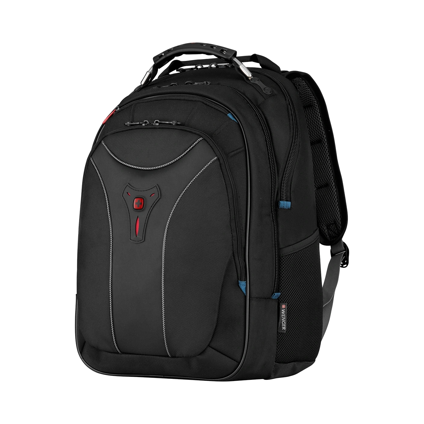 Black backpack with red accents and Wenger logo, perfect for travel and everyday use.