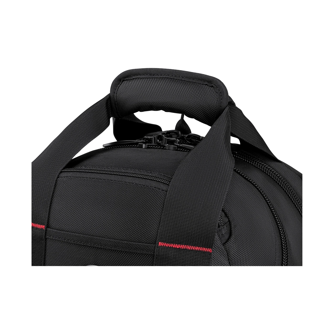 Close up of a black bag with red accents and zippers