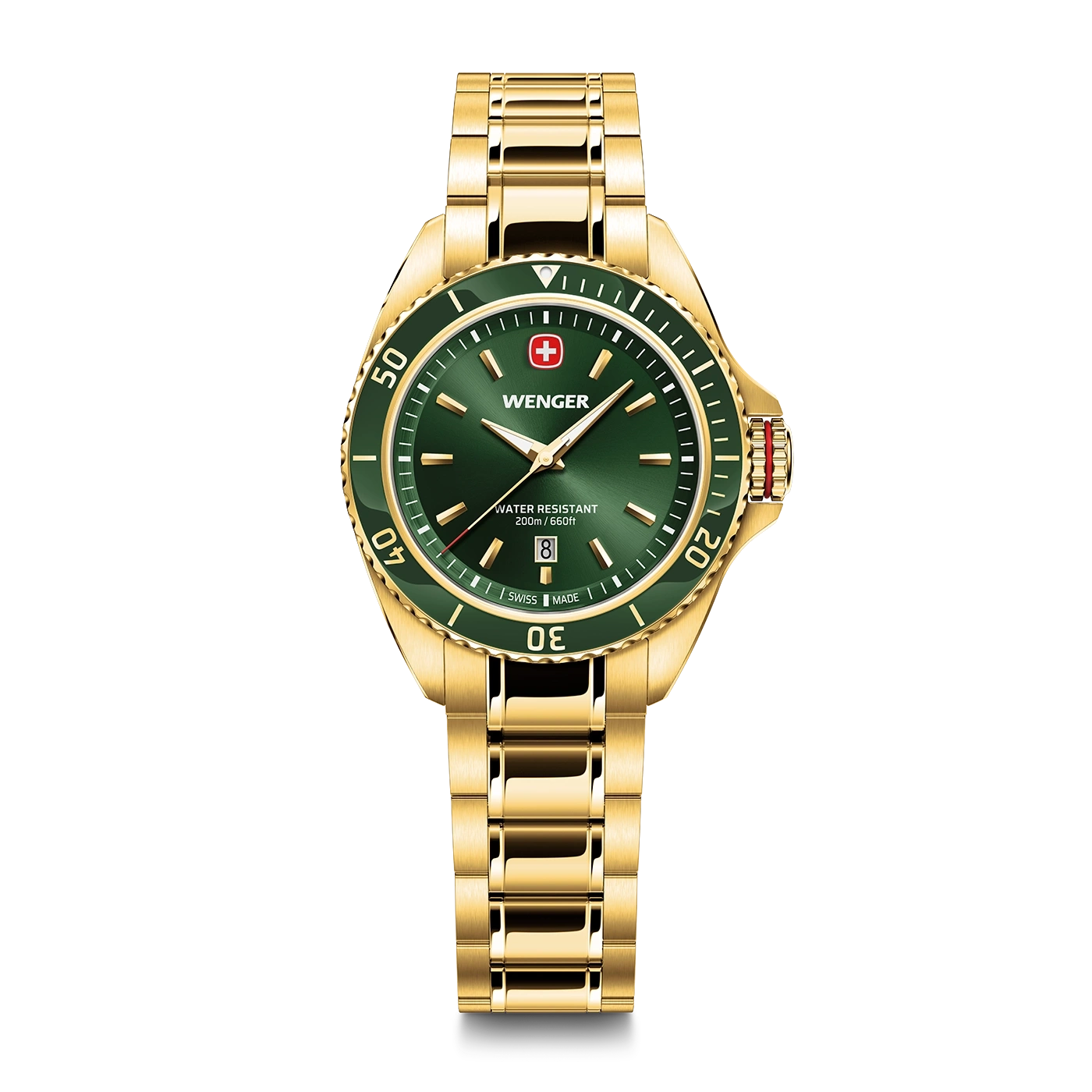 Gold Wenger watch with green dial and date display