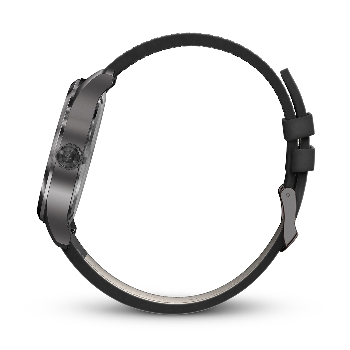 Side view of a watch with a black strap on a black background, close-up shot