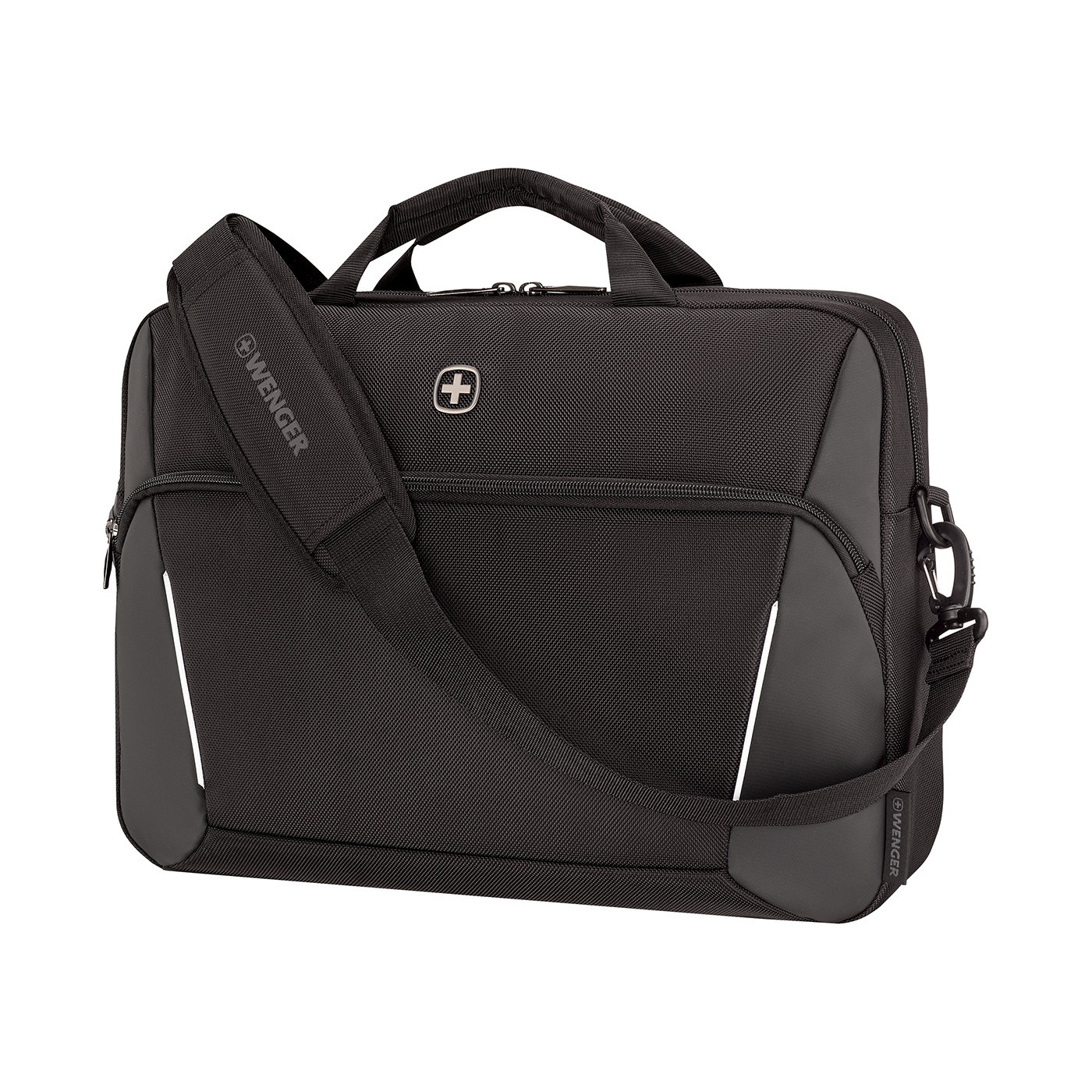 Black Wenger laptop bag with shoulder strap and logo, isolated on white
