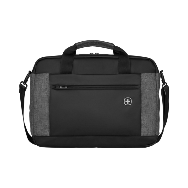 Black briefcase with gray fabric and zipper, Swiss cross logo on the front