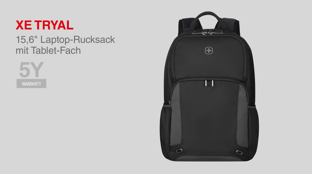 Black backpack with tablet compartment and 5 years warranty. XE TRYAL.