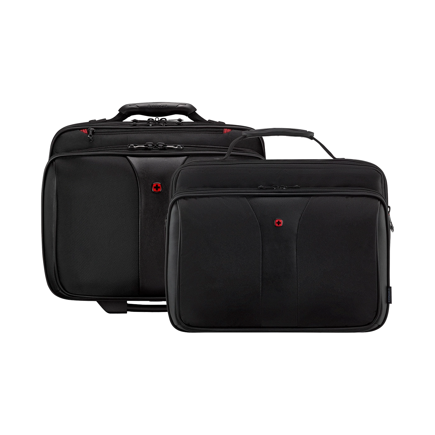 Two black luggage pieces with red logo, standing side by side, on white background.
