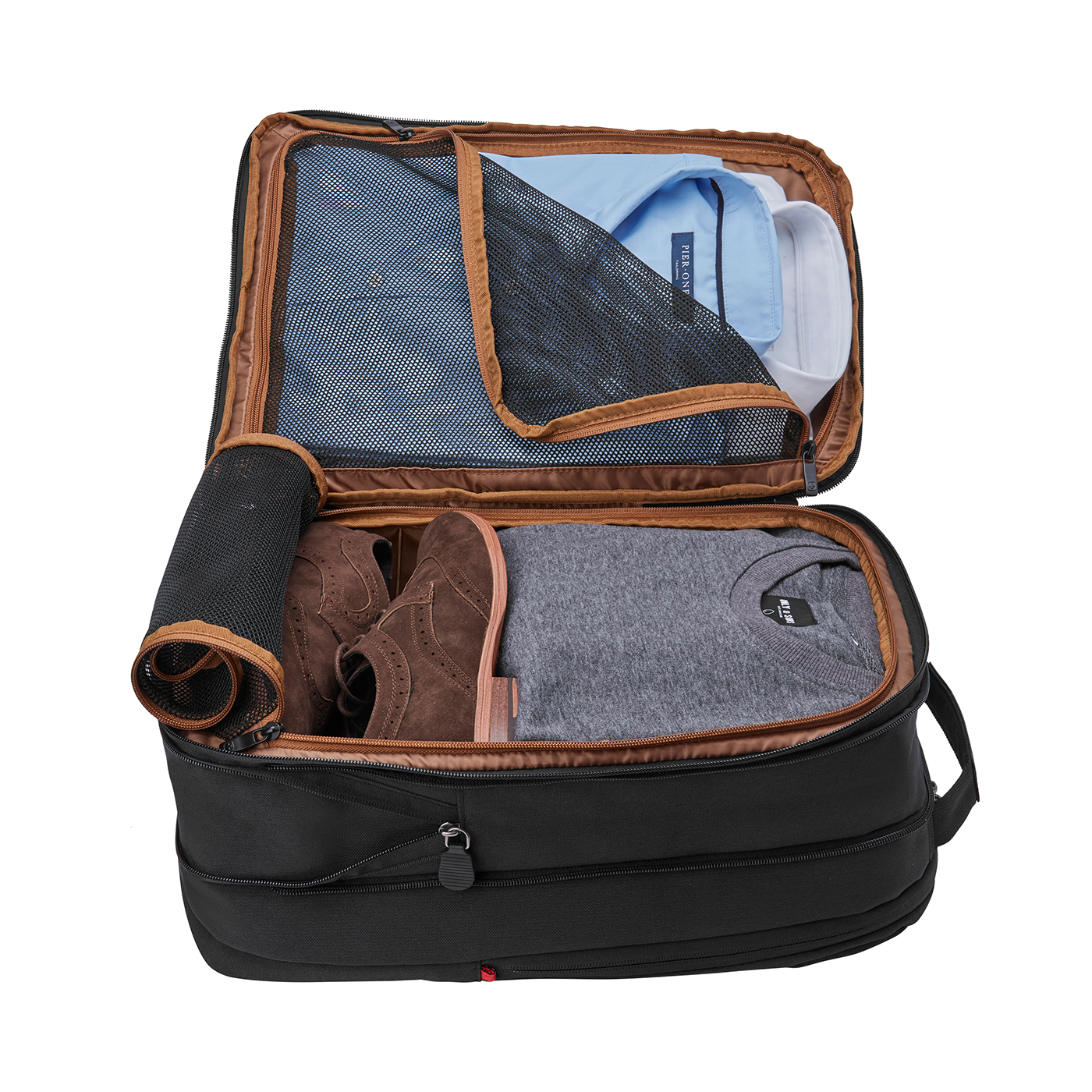 Black suitcase with clothes, shoes and zipper, open, brown details, travel bag