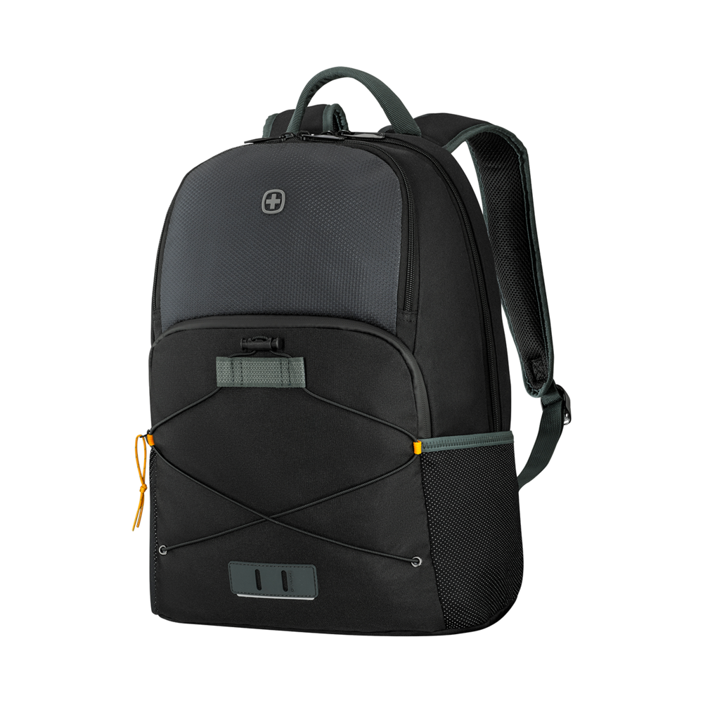 Black backpack with gray accents and yellow details, perfect for travel and everyday use.