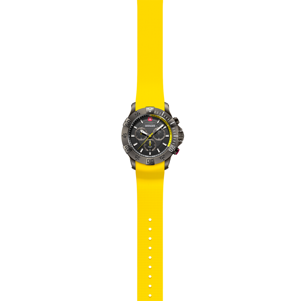 Wenger watch with yellow strap, black dial, and silver case, isolated on white